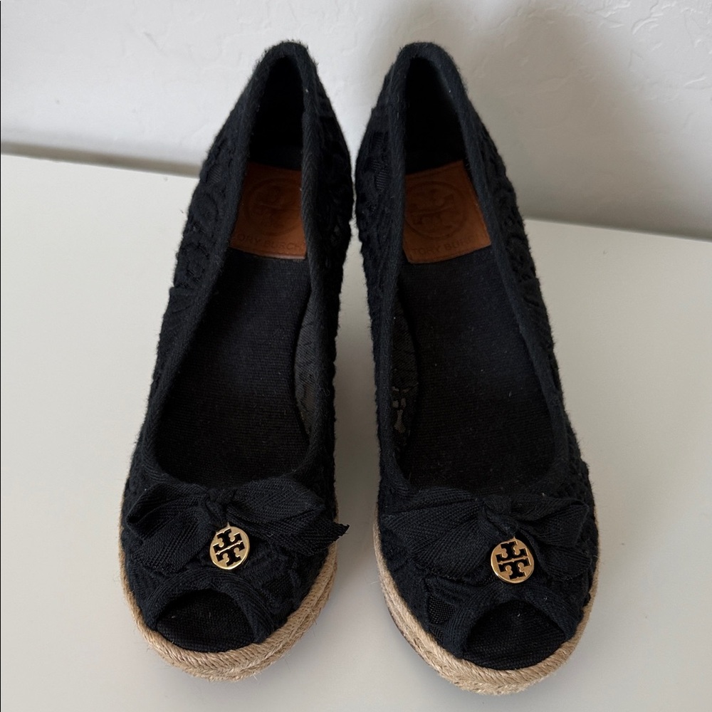 Tory Burch Black Espadrille Wedge Peep-Toe Flats